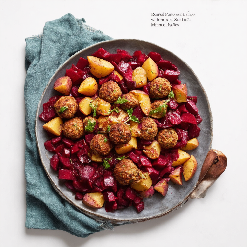 Roasted Potato and Beetroot Salad with Mince Rissoles