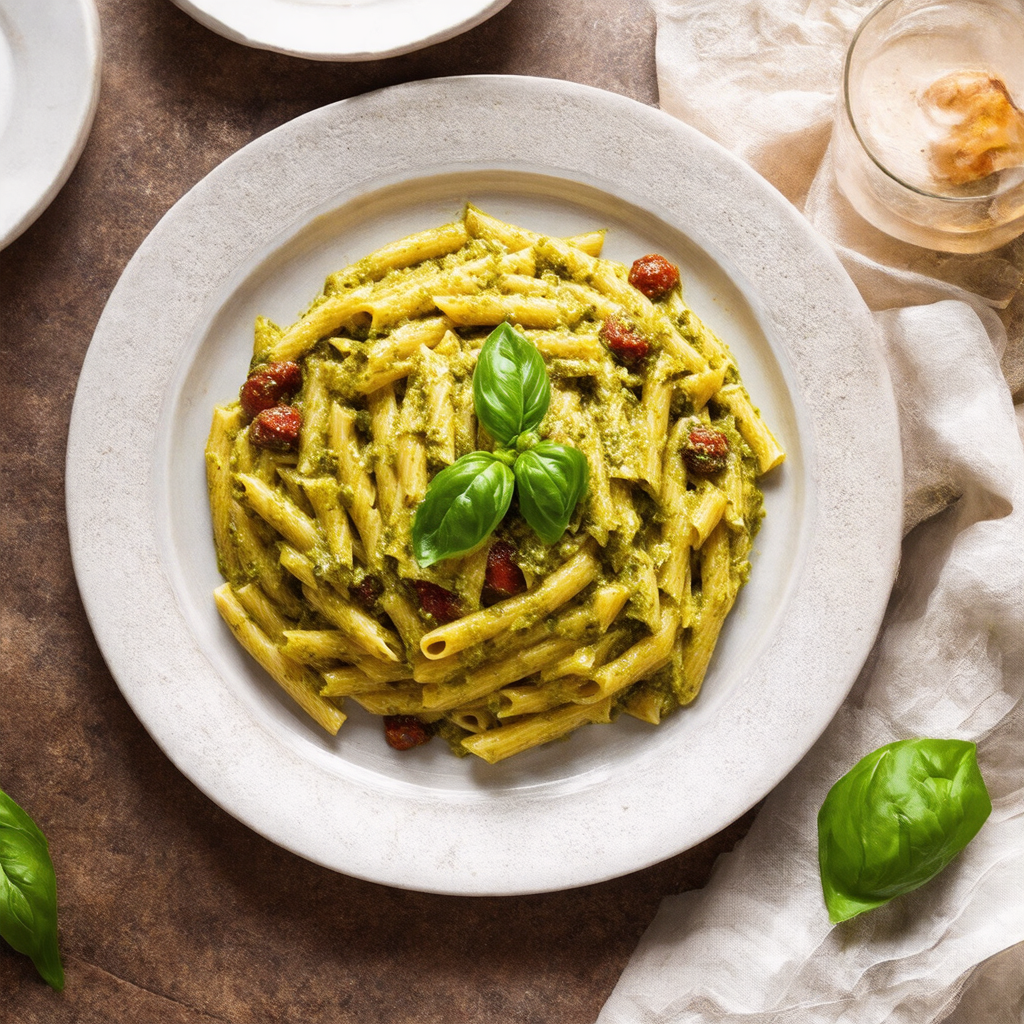Pasta Puttanesca with Basil and Pesto