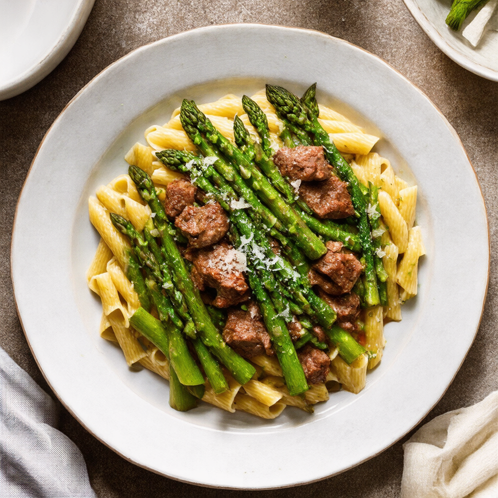 Sautéed Asparagus and Broccolini Pasta with Beef Sausage