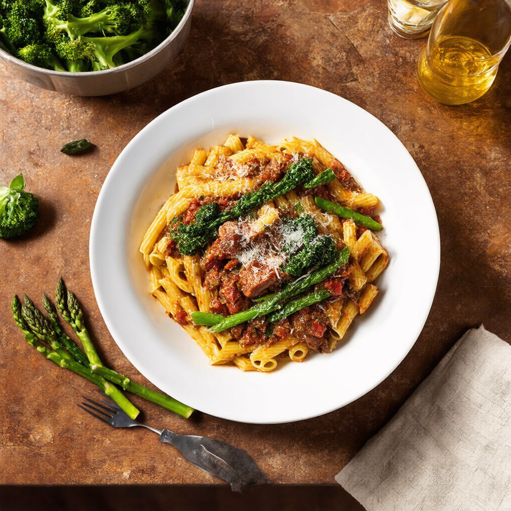 Pasta with Sautéed Broccolini, Asparagus and Beef Sausage Ragu