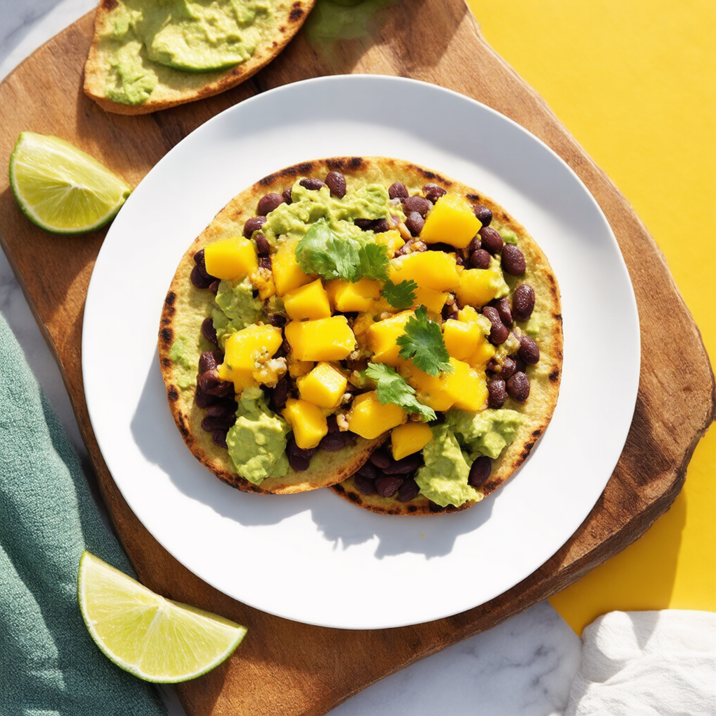 Crispy Black Bean Tostadas with Mango Salsa and Avocado Crema