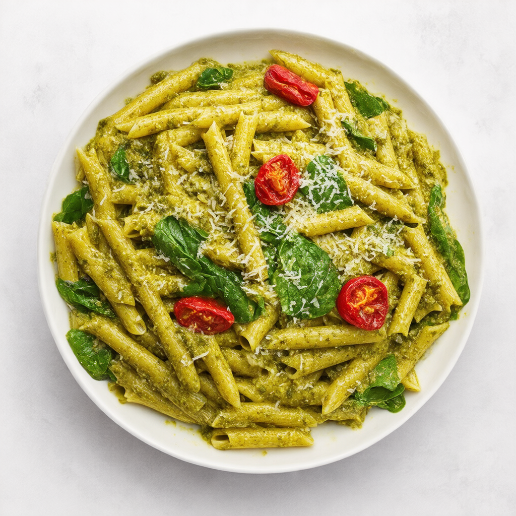 Pesto Pasta with Sun-Dried Tomatoes and Spinach