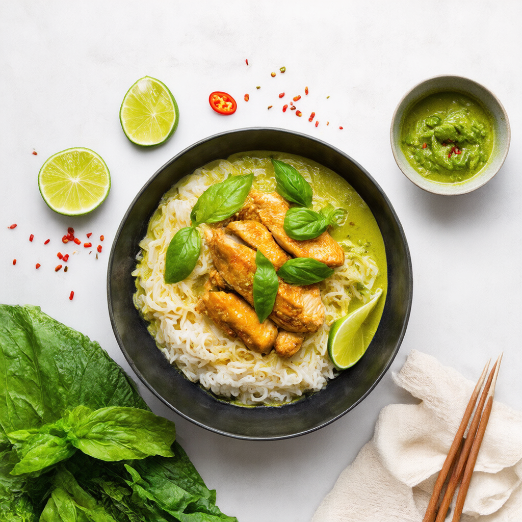 Easy Green Curry Chicken with Rice Noodles
