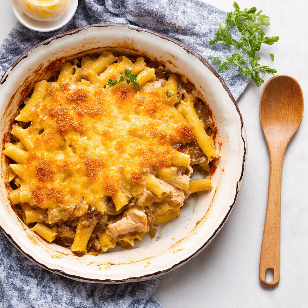 Caramelised Onion and Chicken Pasta Bake
