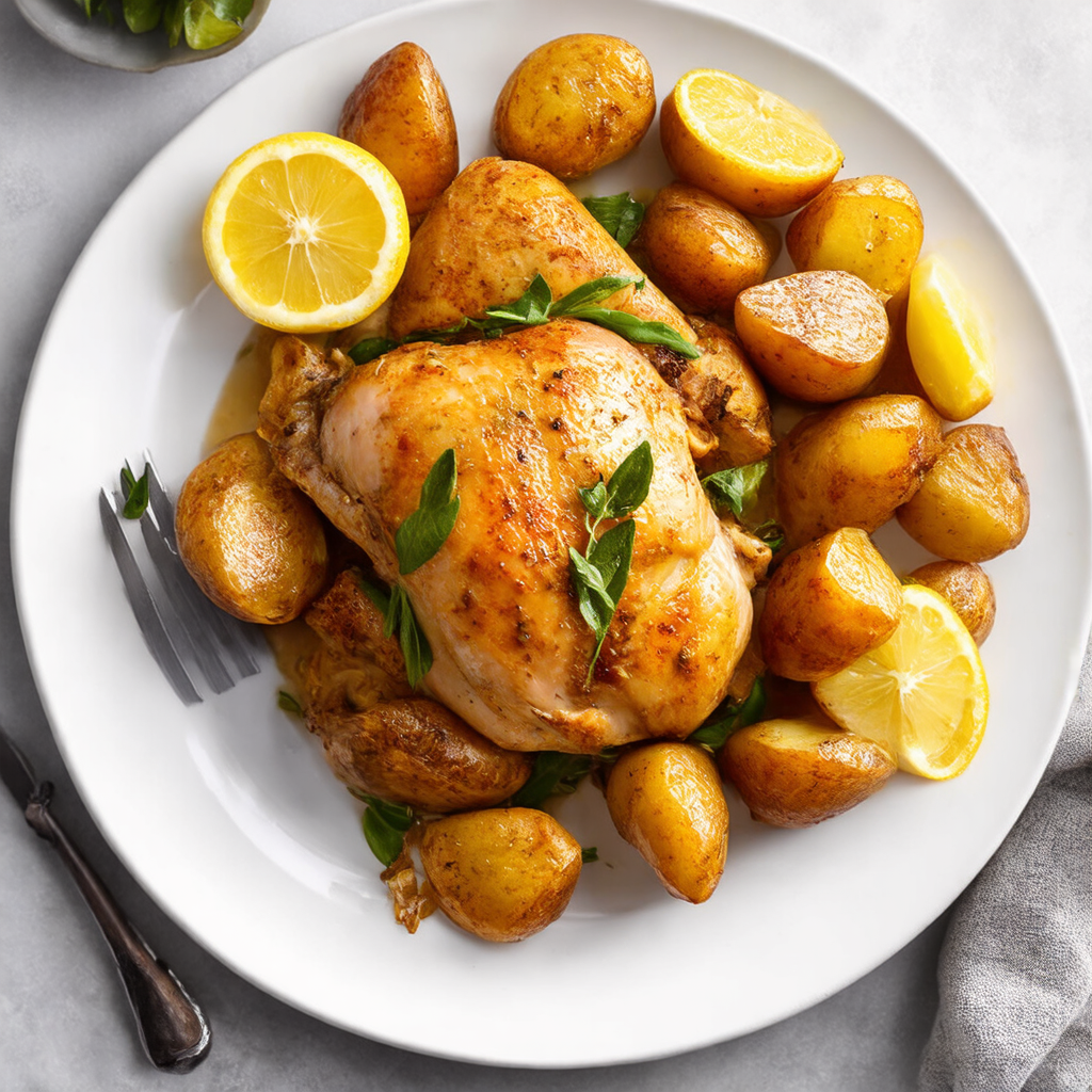 Baked Lemon Garlic Chicken with Roast Potatoes