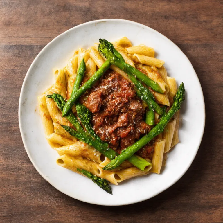 Pasta with Sautéed Broccolini, Asparagus and Beef Sausage Ragu