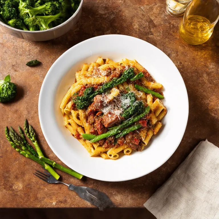 Pasta with Sautéed Broccolini, Asparagus and Beef Sausage Ragu