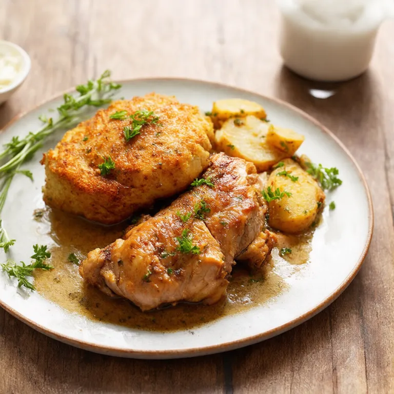 Pan-Seared Chicken Thighs with Herbed Potato Cakes