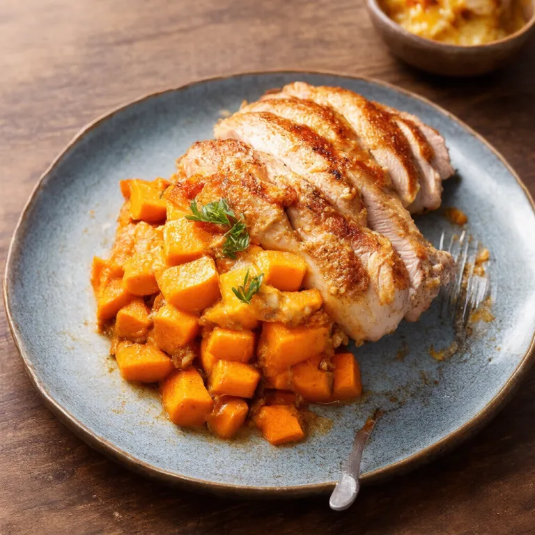 Sous Vide Chicken with Crispy Sweet Potato and Cheese Gratin